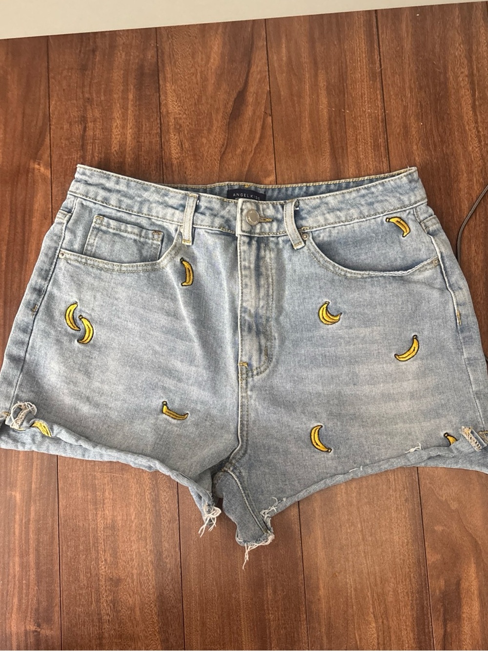 Angel Kiss Denim Jean Shorts High Rise Embroidered Banana Raw Hem Sz 11 / 30